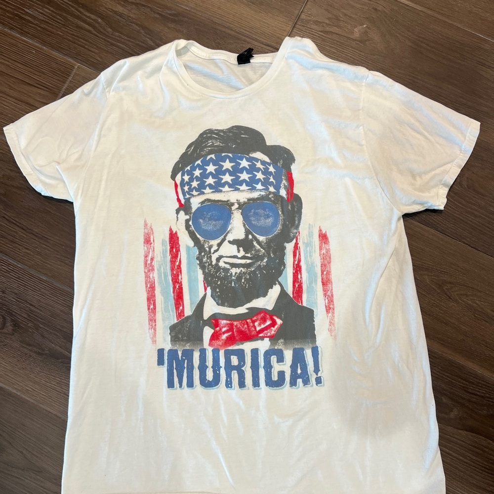 Men’s White Graphic T-Shirt with Abraham Lincoln ‘Murica!’ Patriotic Design XL